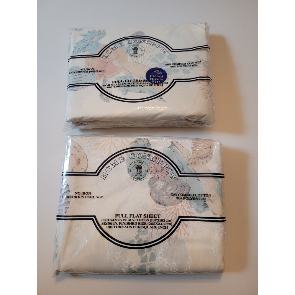 Vtg NOS Cannon Sea Shells Nautilus Full Flat & Fitted Sheets Cotton Blend NEW‎